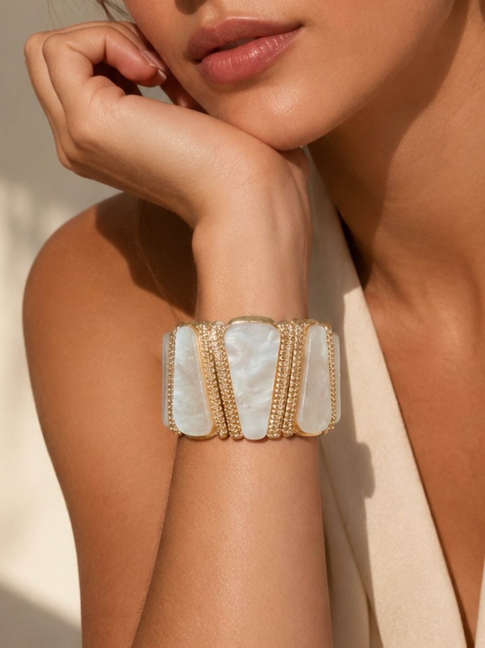 Natasha Couture Gold and Faux White Mother-of-Pearl Statement Cuff Bracelet